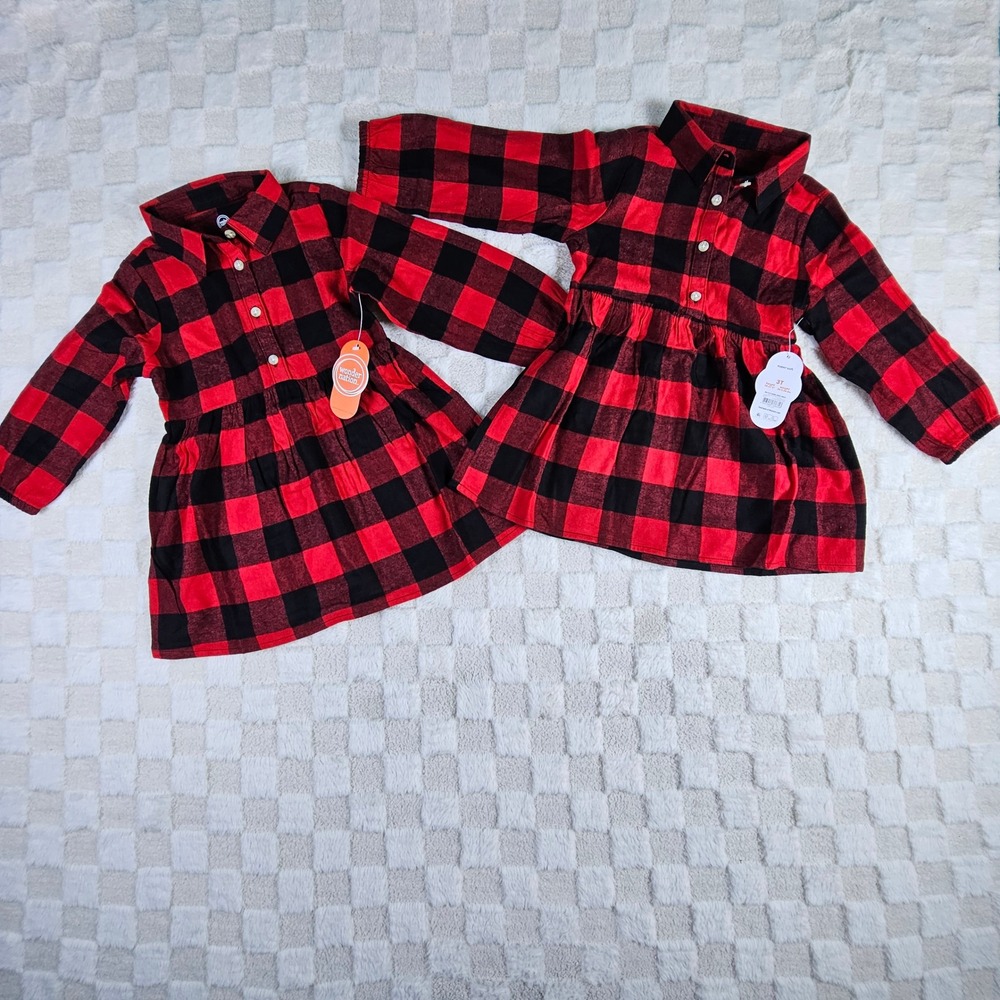 Wonder Nation Girls Red Black Buffalo Plaid Flannel Shirt Dress 3T Set of 2 NWT